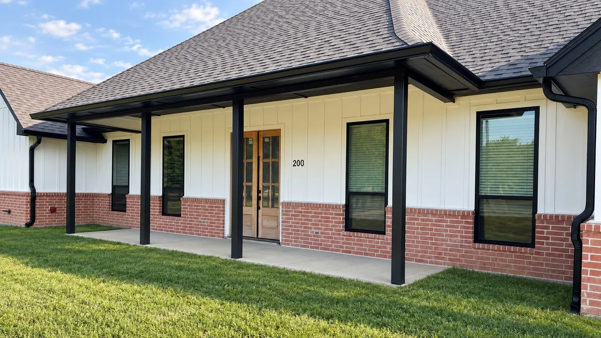 White board-and-batten home with a red brick base, black gutters and downspouts, black porch posts, and a lush green lawn