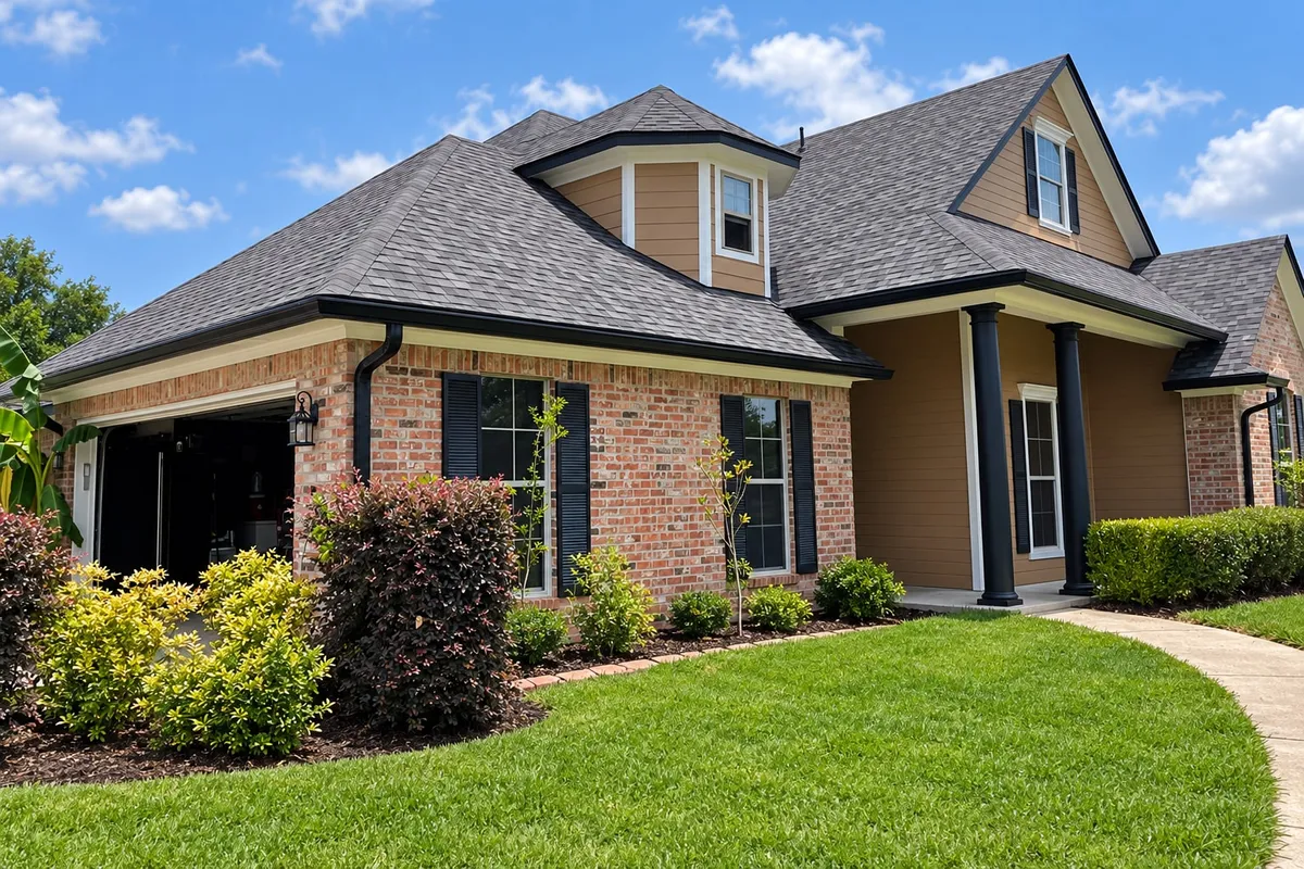 Tan-and-brick home with dormers, an open attached garage, dark gutters and a tidy lawn and front porch