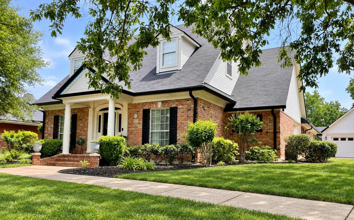 Brick home with dormers, dark gutters, white porch columns and an arched entry overlooking a tidy front garden