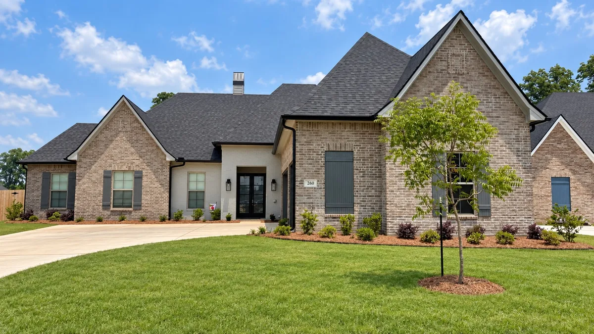 Large brick-and-stone home with dark gutters along the eaves, a young front-yard tree, and a green lawn