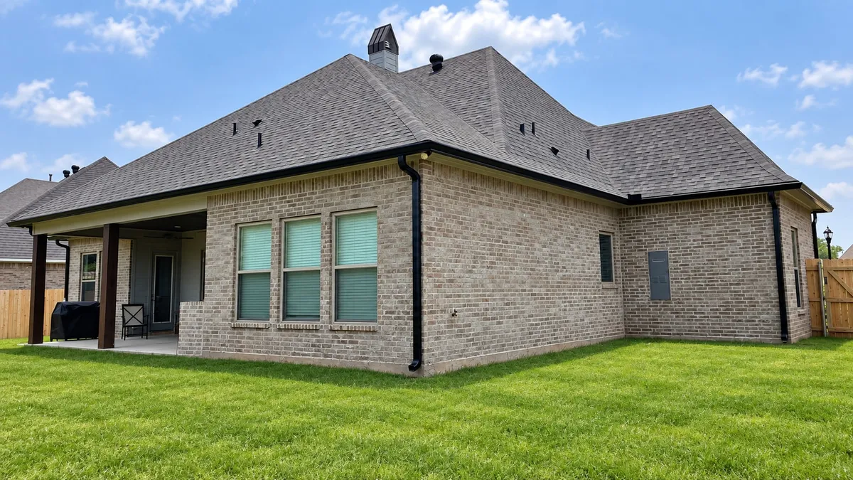 Rear elevation of a brick home with dark gutters and downspouts, a tidy covered patio, and a green lawn