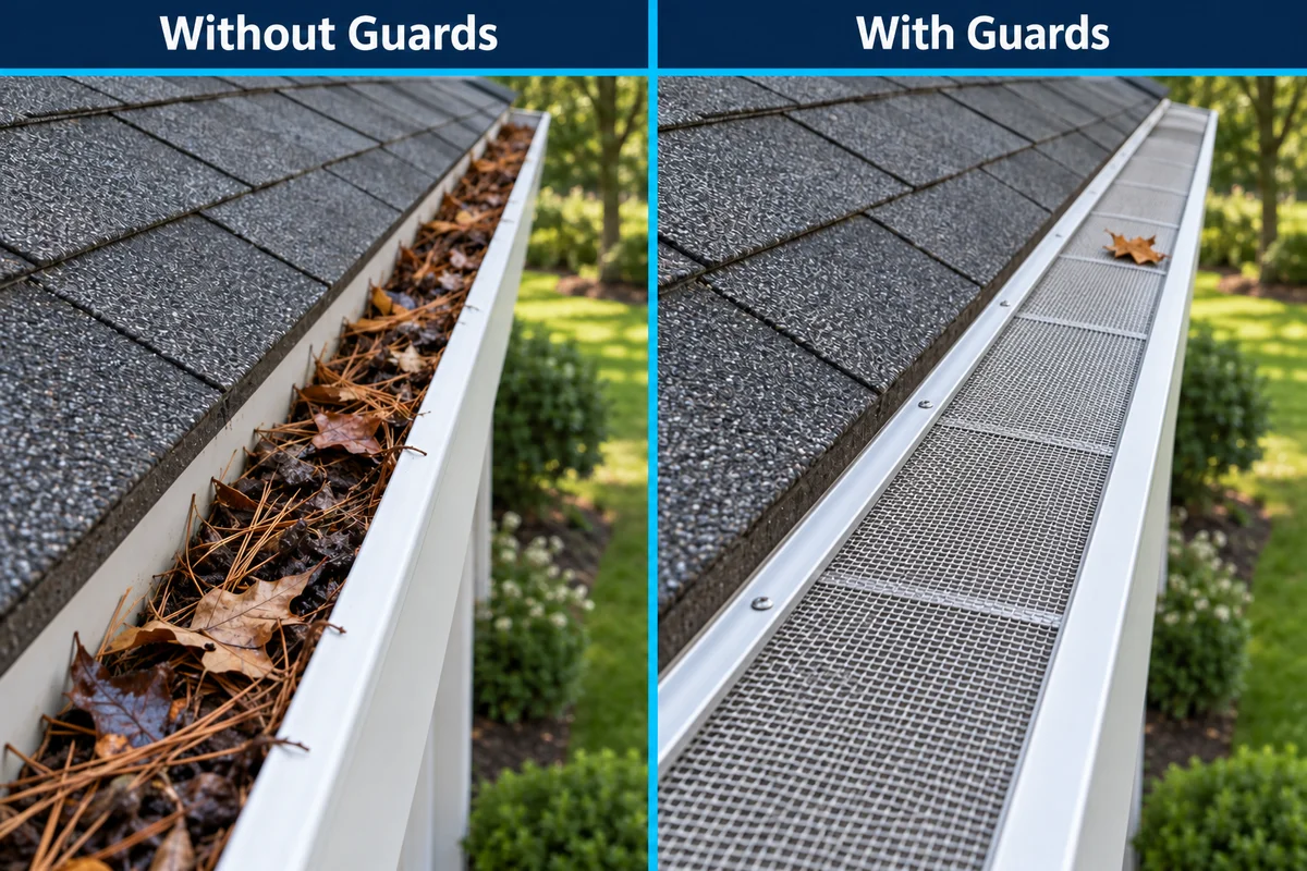Illustrative comparison of a gutter filled with leaves and pine needles on the left and a clean gutter with a low-profile stainless steel mesh guard on the right.