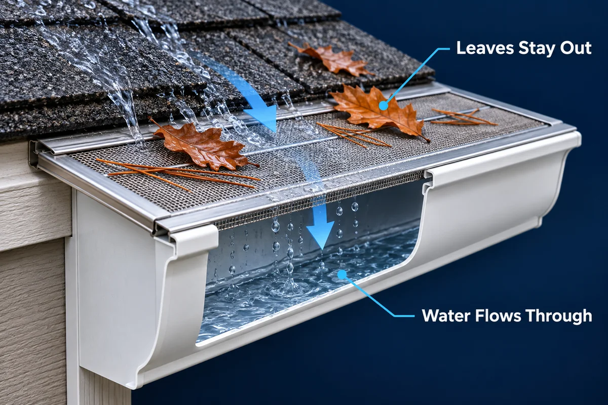 Cutaway illustration showing leaves above a stainless steel mesh guard and water passing through into the gutter below.