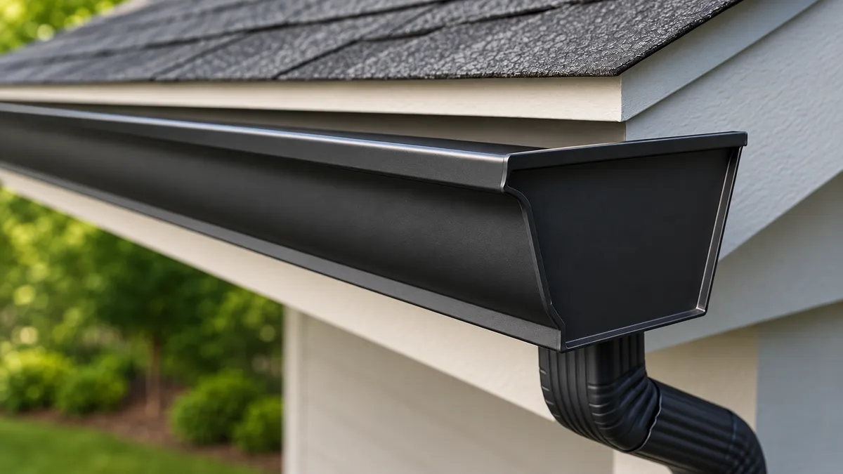Close-up of a satin black K-style gutter, shaped end cap and matching downspout against light trim.
