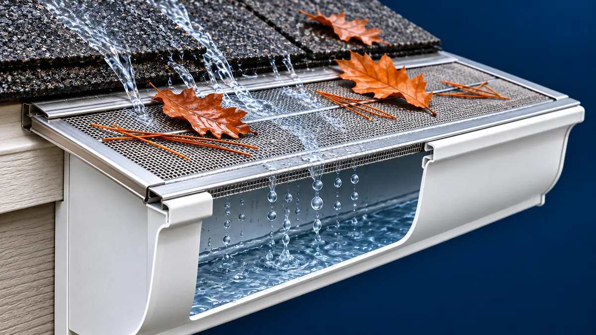 Cutaway illustration of leaves and pine needles resting on a stainless steel mesh leaf guard, with water passing through into the gutter.