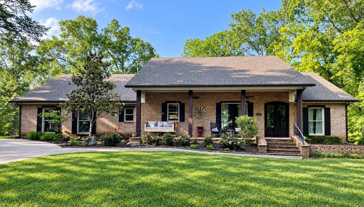 Long brick ranch home with dark gutters, a deep covered porch, and a lush lawn shaded by mature trees