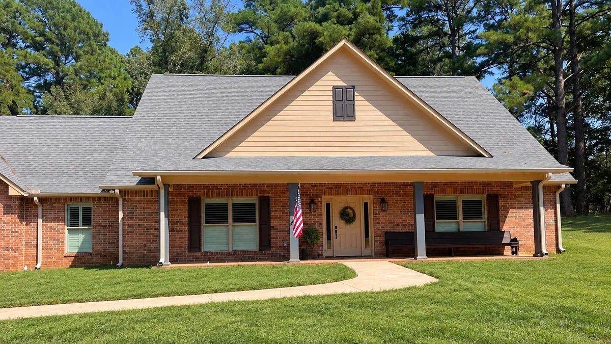 Brick-and-siding home with white gutters and downspouts, a covered front porch, and green grass beside a curved walkway
