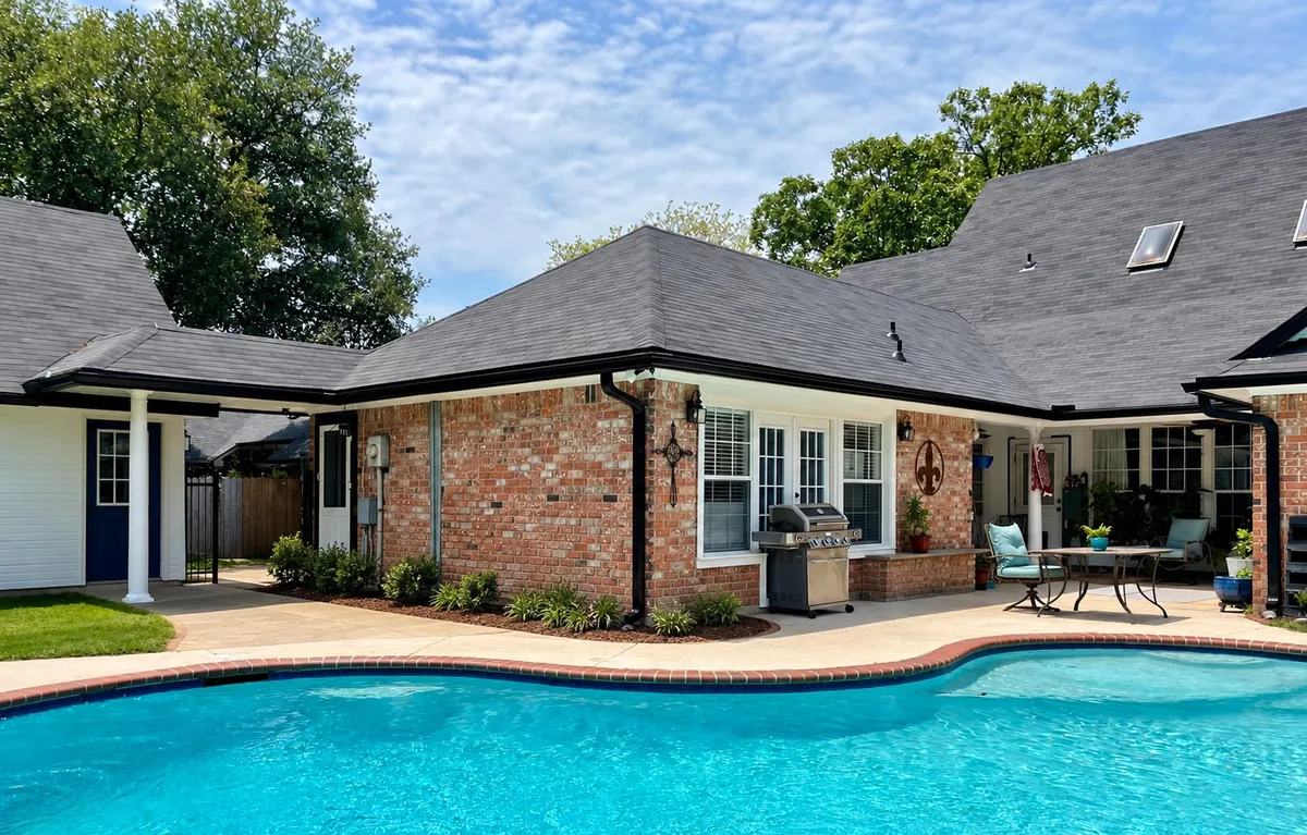 Brick home with black gutters and downspouts overlooking a swimming pool and tidy patio