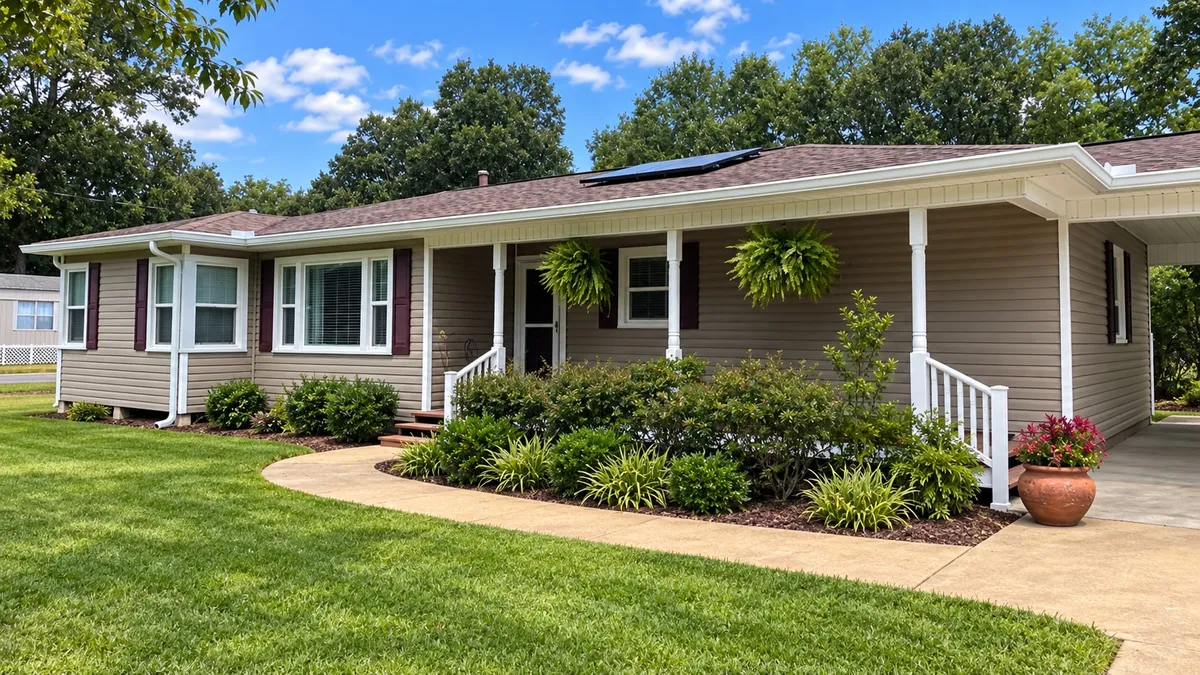 Single-story tan home with white gutters and a downspout, a covered porch with hanging ferns, and a tidy curved walkway