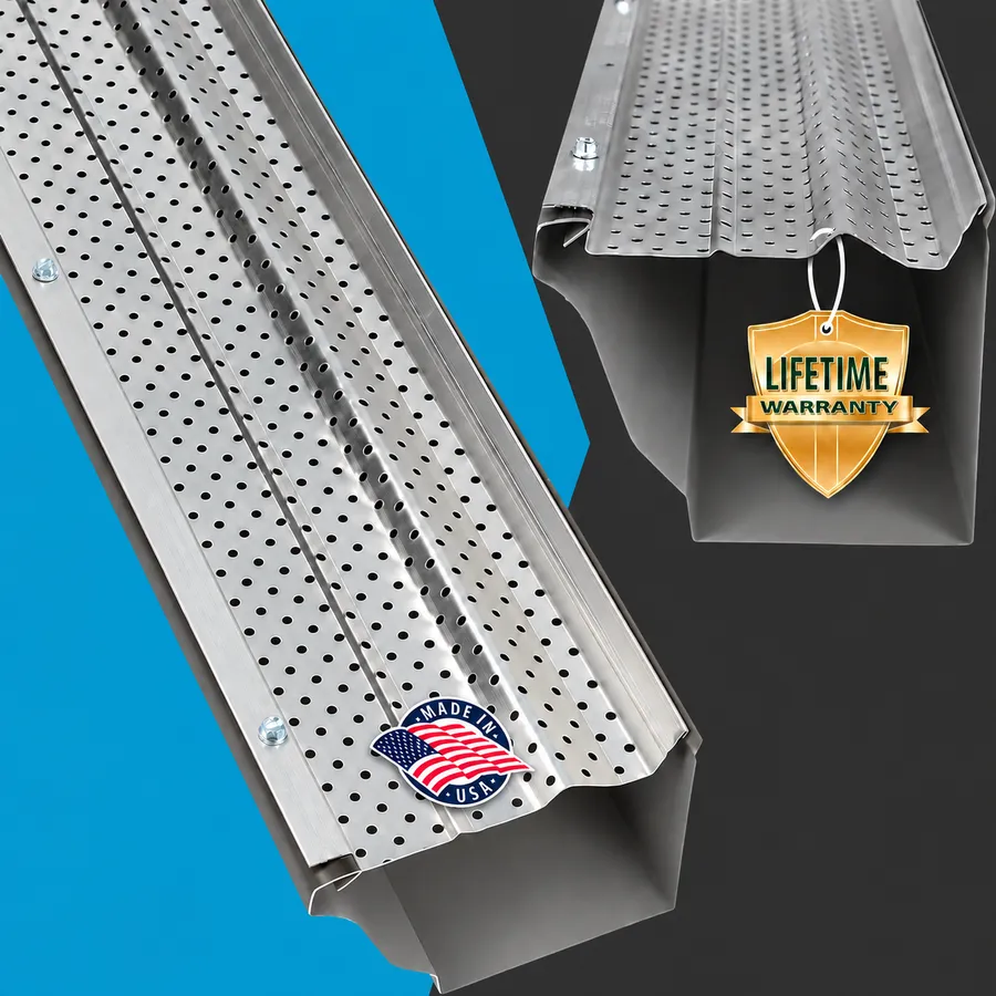 Perforated aluminum leaf guard product photo showing two panels, their raised center profiles, round holes, and folded edges against a blue and charcoal background