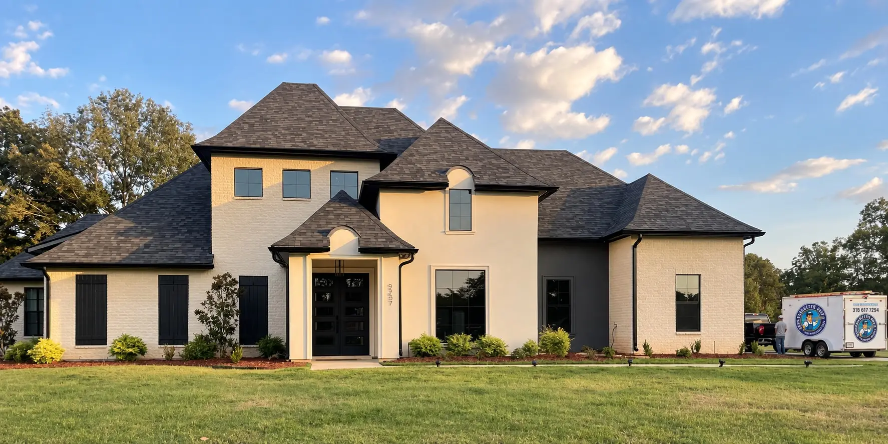 White brick two-story home with black gutters and the Seamless Gutter Guys trailer parked beside it in warm evening light