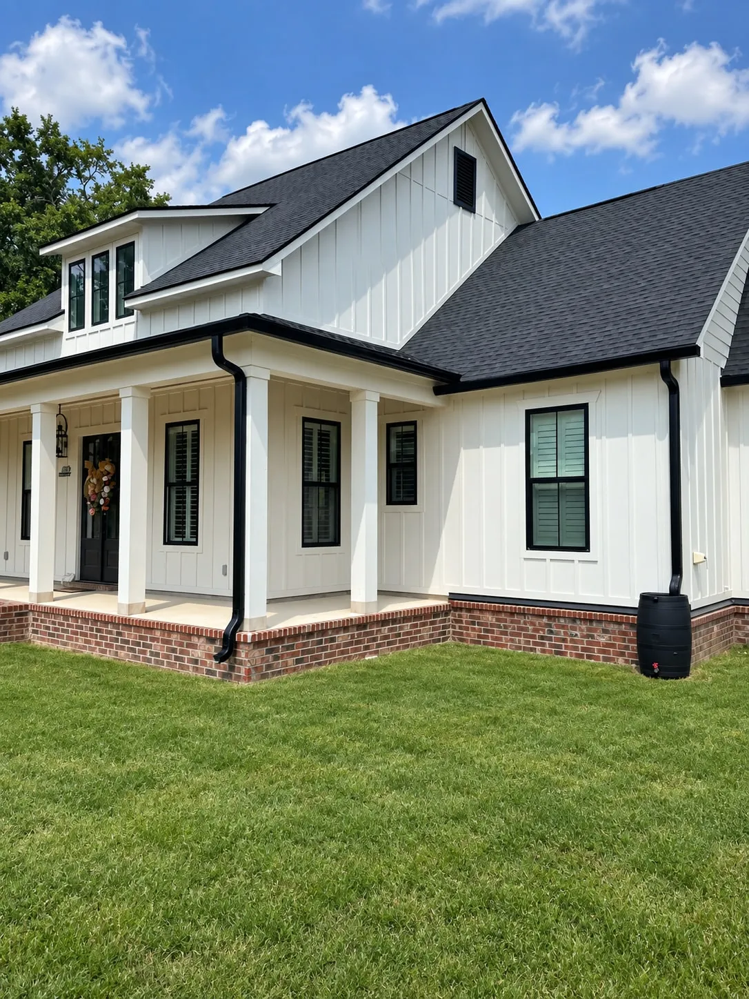 White gabled home with dark gutters and downspouts, a covered front porch, a connected rain barrel, and a green lawn