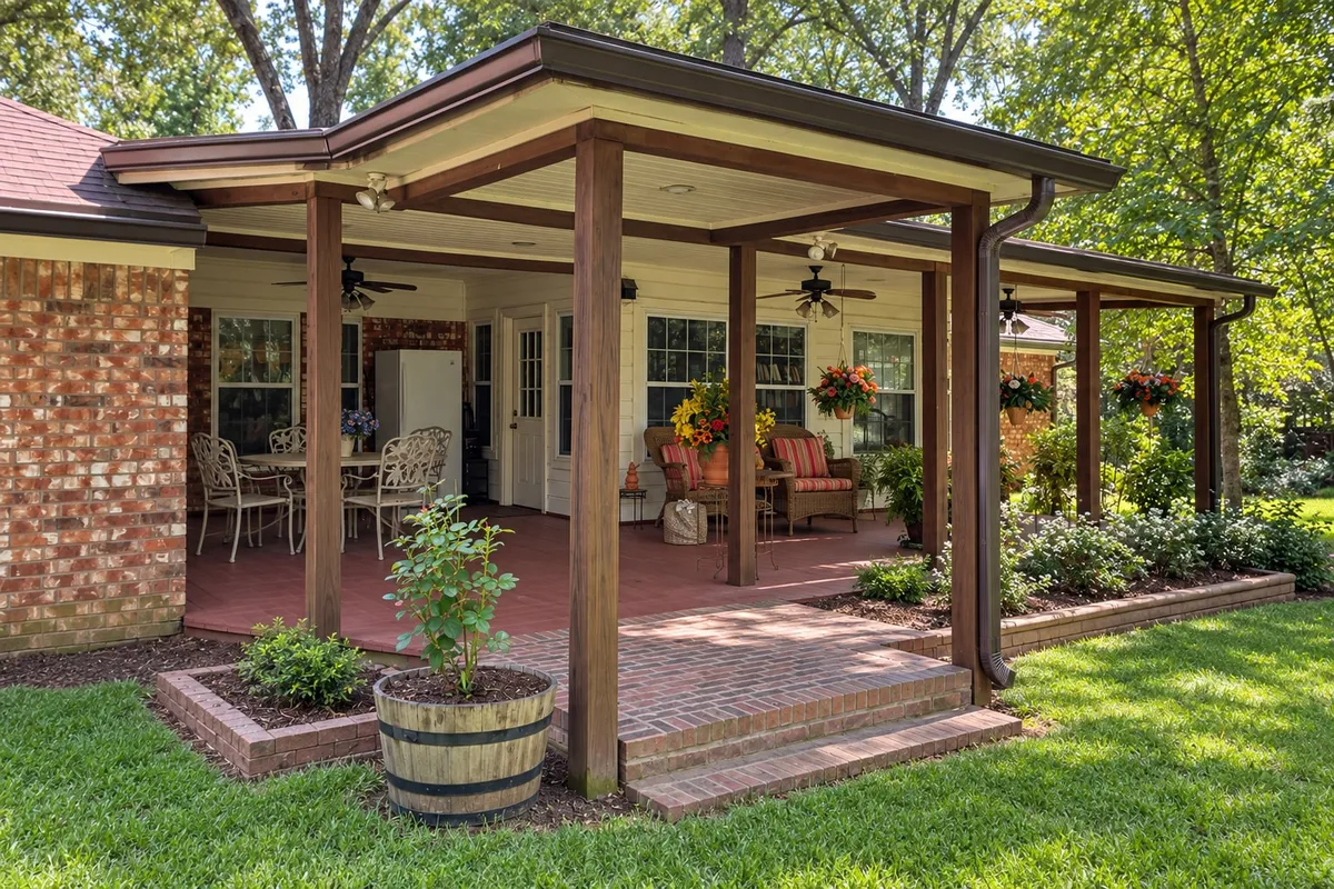 Brick home with a wooden covered patio, brown gutters and downspouts, hanging flowers, and a tidy deck beside a green lawn
